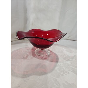 Hand Blown Ruby Red Wavy Rim Art Glass Pedestal Bowl with Clear edge 9 in